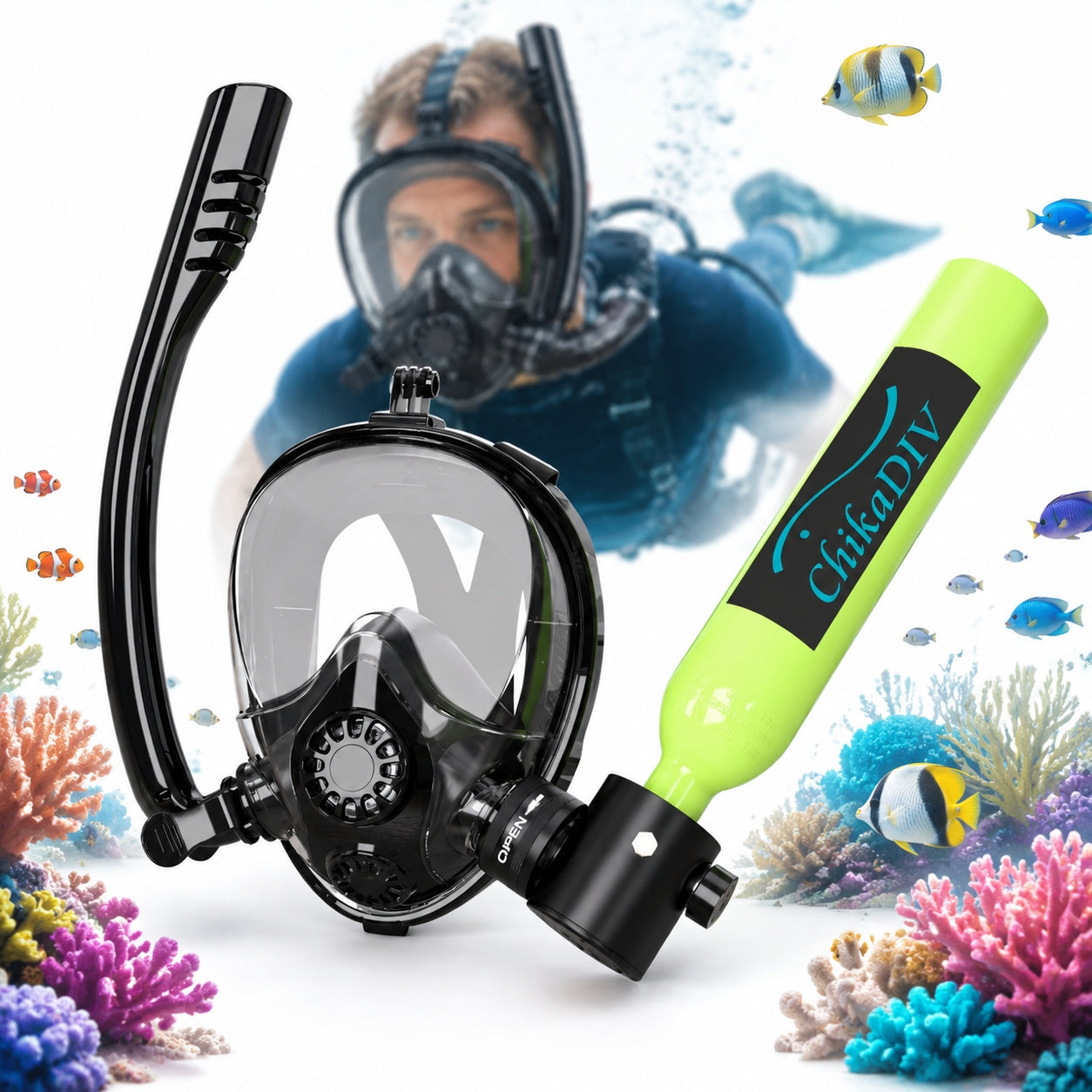 0,5L MINI DIVING CYLINDER SET WITH FULL CHIKADIV MASK FOR SNORKELING