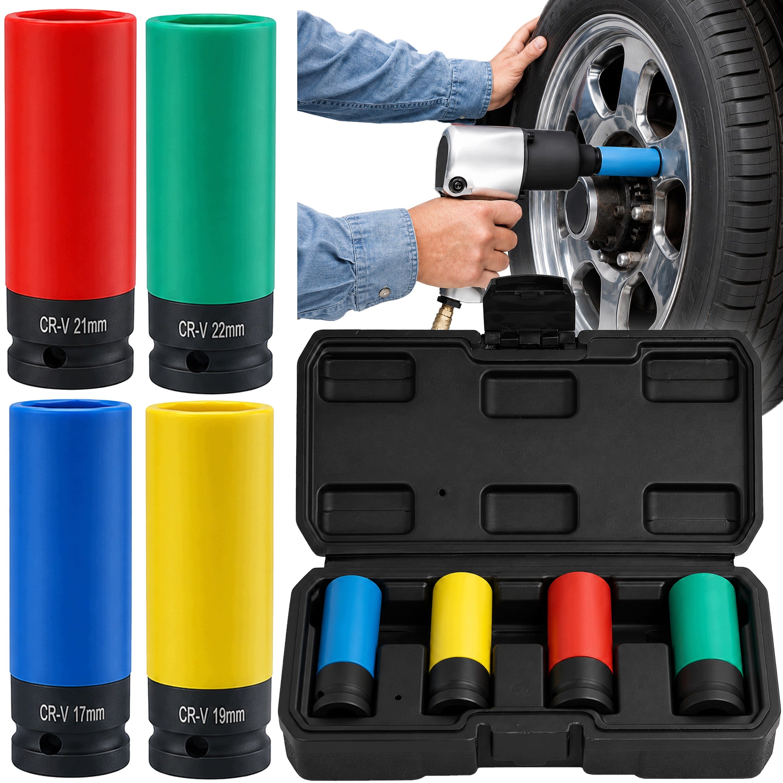 1/2" IMPACT SOCKET SET FOR ALLOY WHEELS 17/19/21/22 MM COLORED