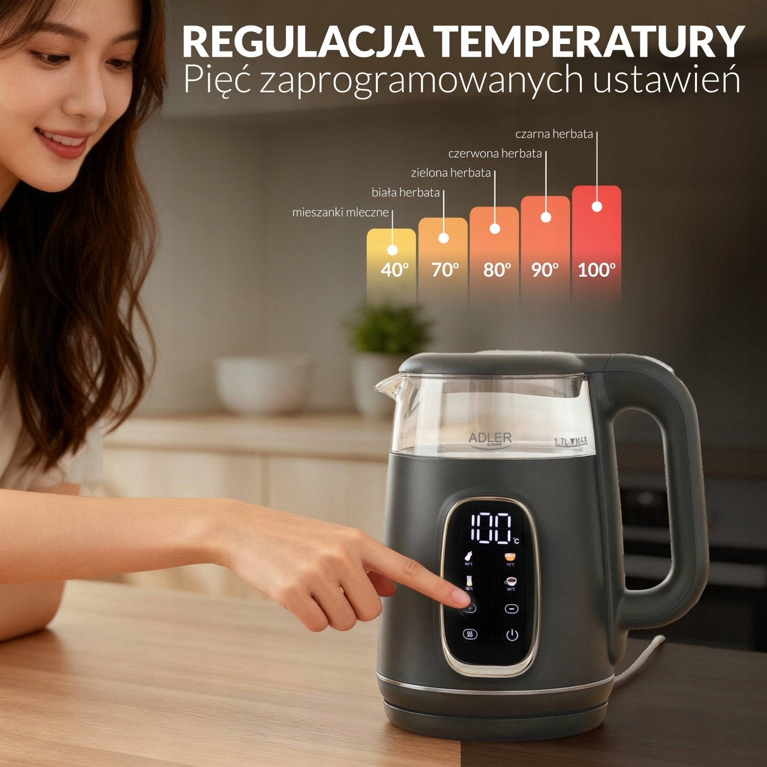 1,7L Electric Kettle with Temp Adjustment 40-100 Degree LED Milk Modifier Dominant color silver/gray