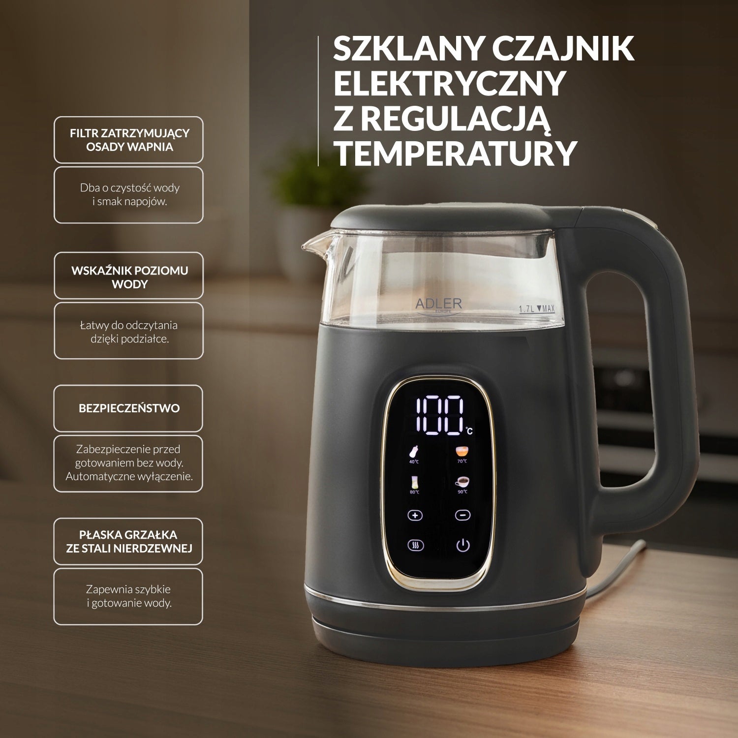 1,7L Electric Kettle with Temp Adjustment 40-100 Degree LED Milk Modifier Manufacturer code AD1305GS
