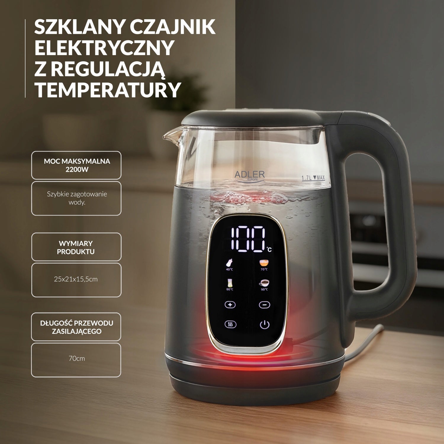 1,7L Electric Kettle with Temp Adjustment 40-100 Degree LED Milk Modifier Model AD 1305