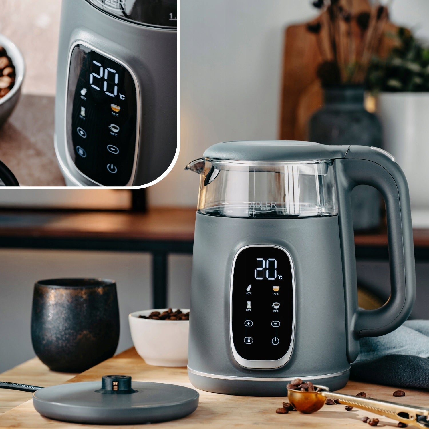 1,7L Electric Kettle with Temp Adjustment 40-100 Degree LED Milk Modifier Power 2200 W