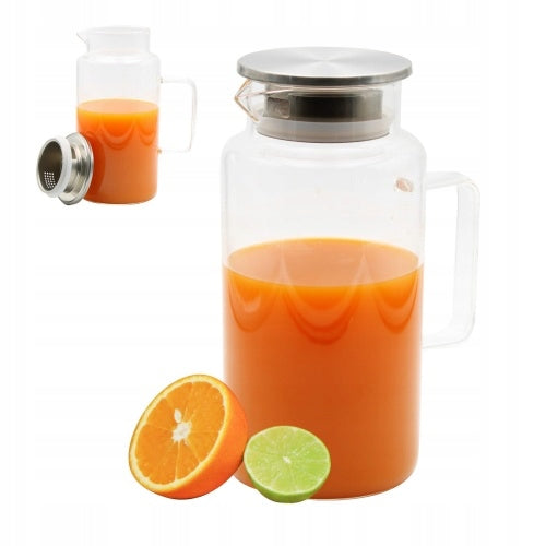 1,8L GLASS JUG WITH LID WATER JUICE STRAINER LEMONADE COFFEE TEA