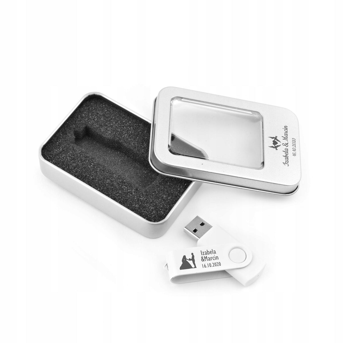 1 GB 2.0 flash drive + Metal Box + Engraving WEDDING Brand MemoRabbit