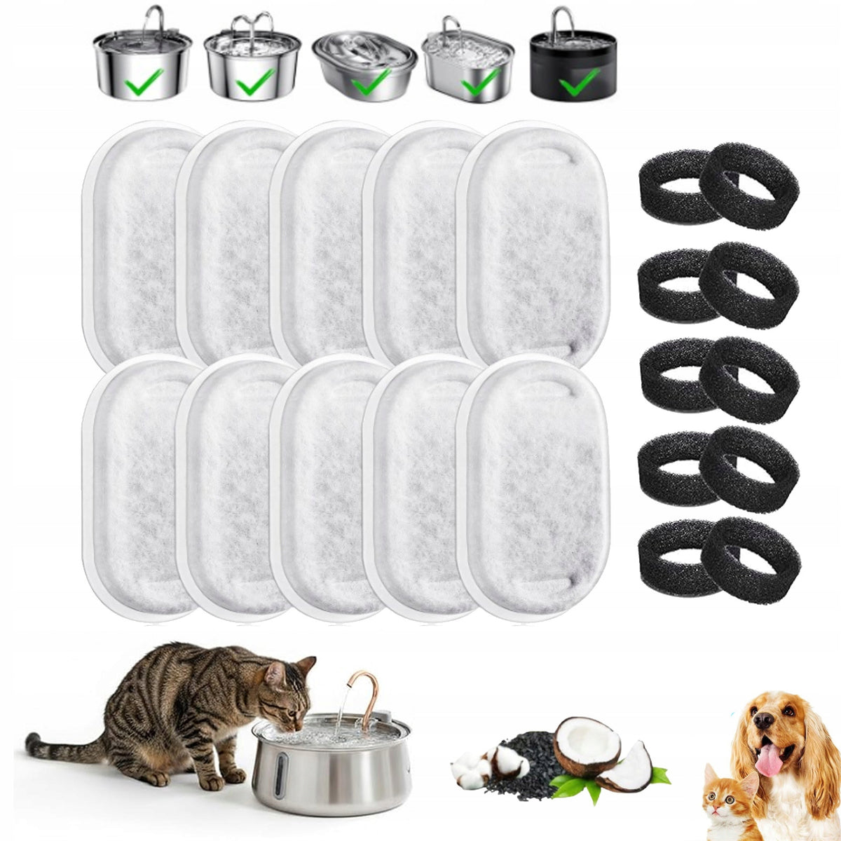 10+10PCS PREMIUM PET FOUNTAIN FILTER KIT REPLACEMENT FOR CATS AND DOGS