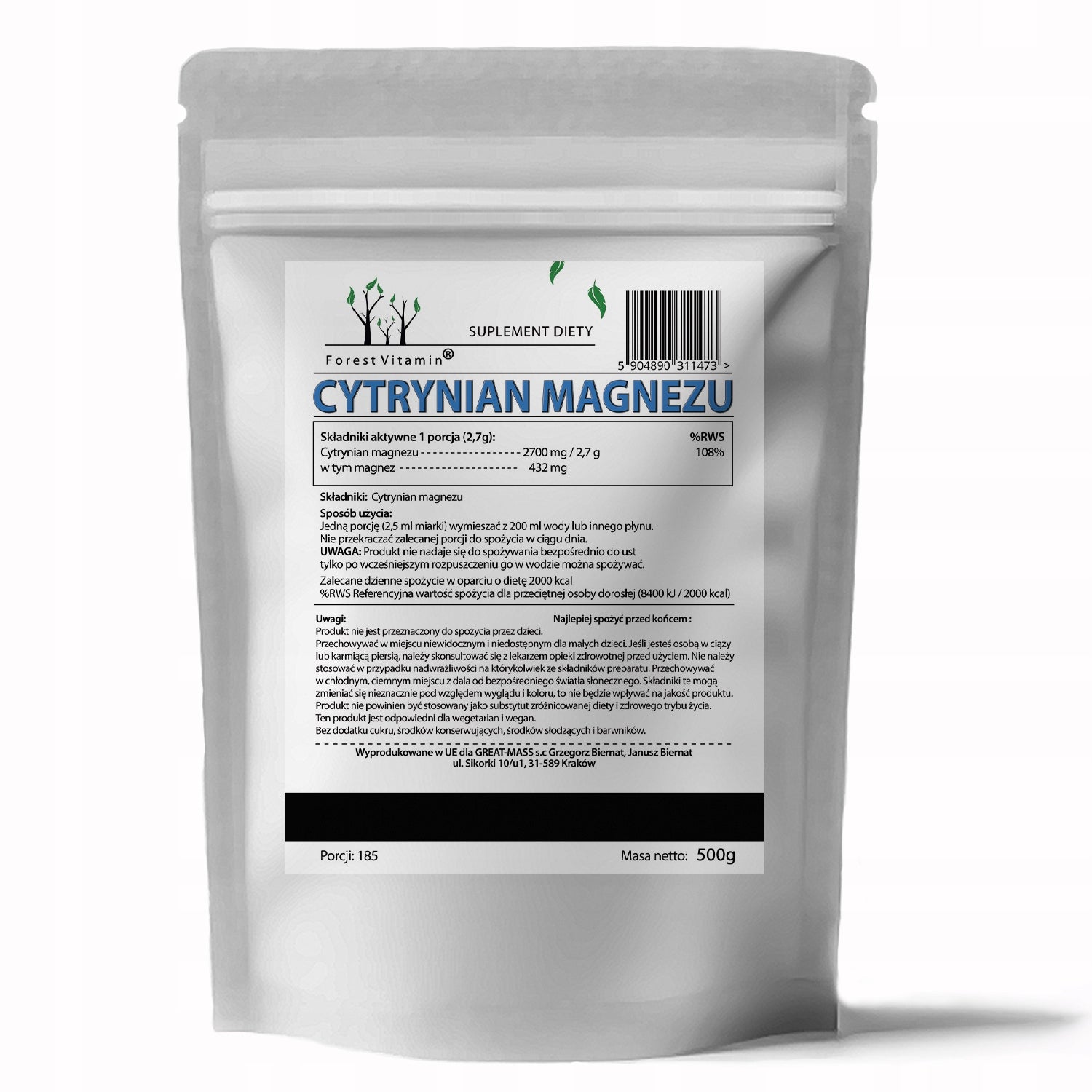 100% Magnesium Citrate POWDER PURE 500g IDEAL FOR CONTRACTIONS ANHYDROUS Brand Forest Vitamin