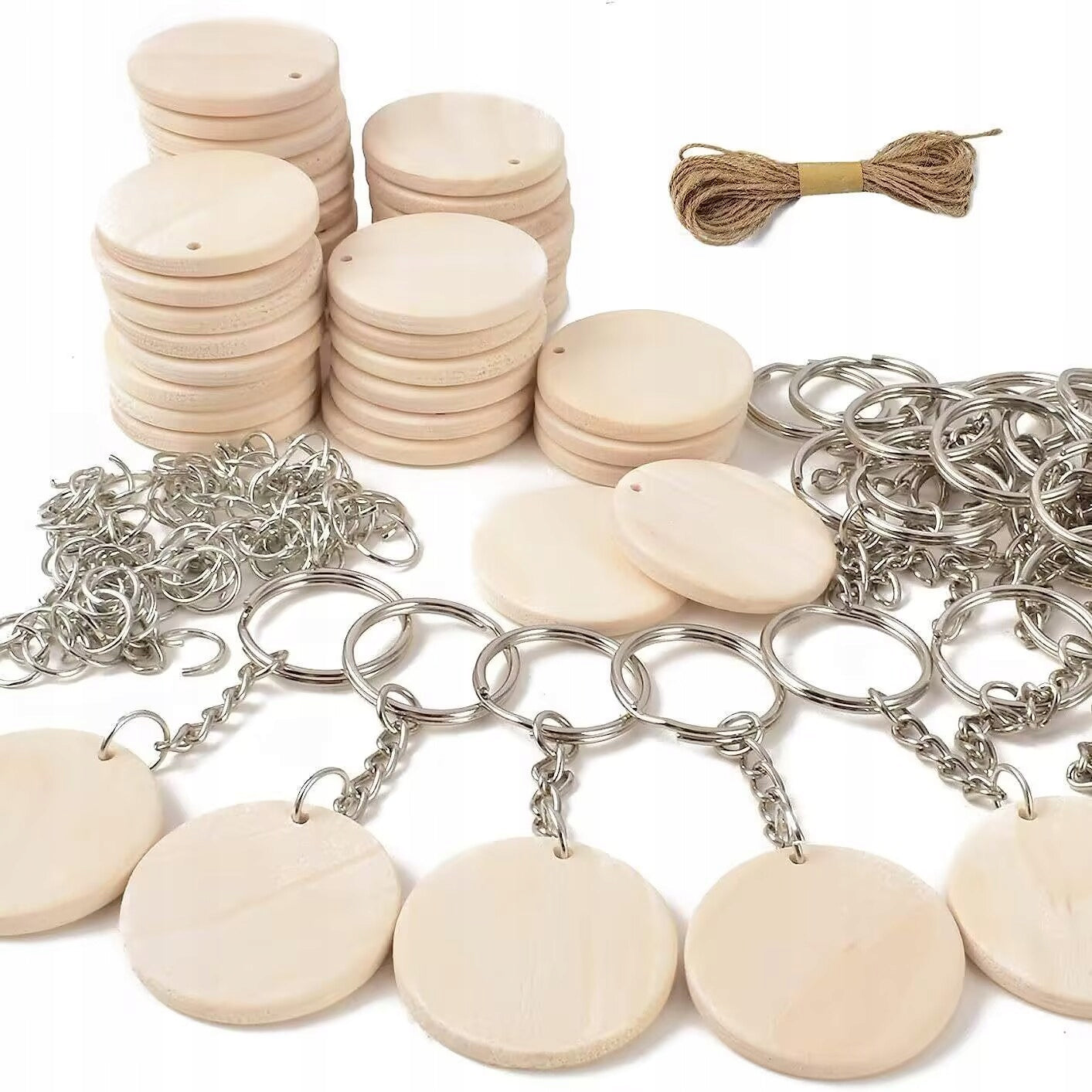 100 PCS WOODEN KEYCHAIN ROUND FOR KEYS NATURAL WOOD FOR KIDS Color multicolor