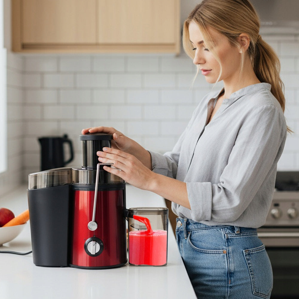 1000W ELECTRIC JUICER WITH SAFETY LOCK AND 1L CONTAINER Dominant color red