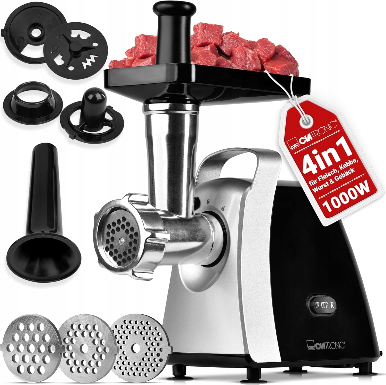 1000W ELECTRIC MEAT GRINDER WITH REVERSE FUNCTION AND SAUSAGE CAP