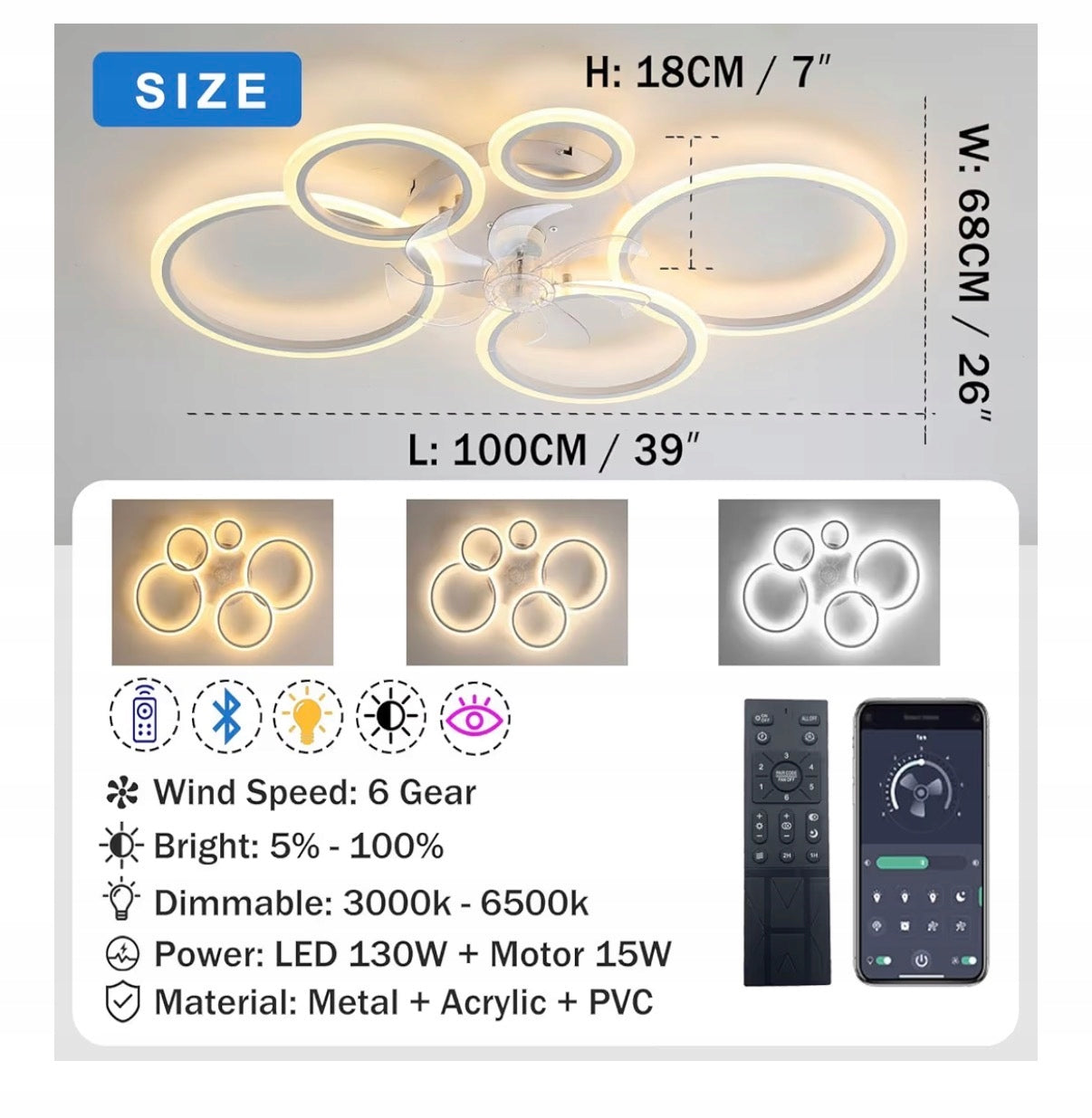 100CM Ceiling Fan with Lights Modern Lights, LED 130W Functions tilt angle adjustment