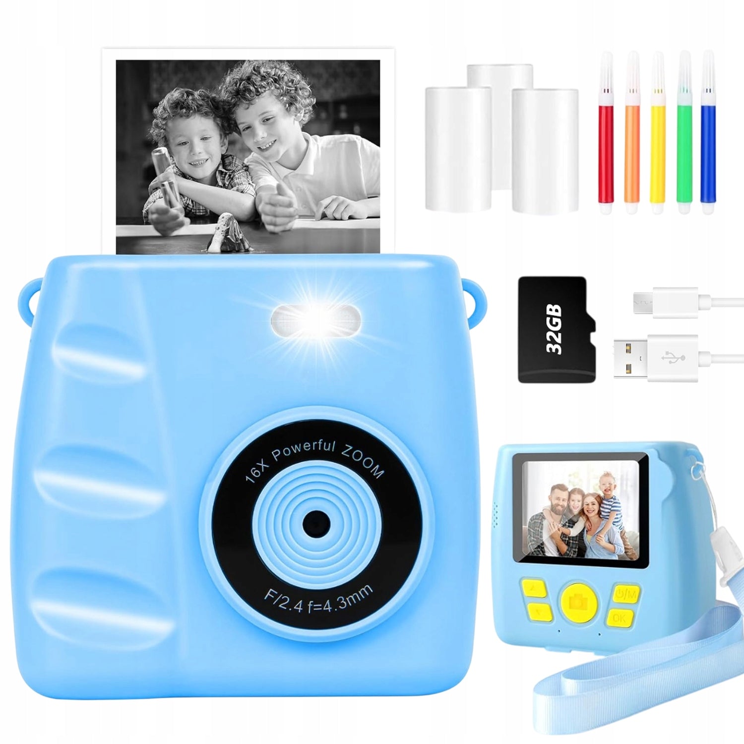 1080P Kids Camera With 32GB Card And 5 Games Blue Thermal Printer Packaging status original