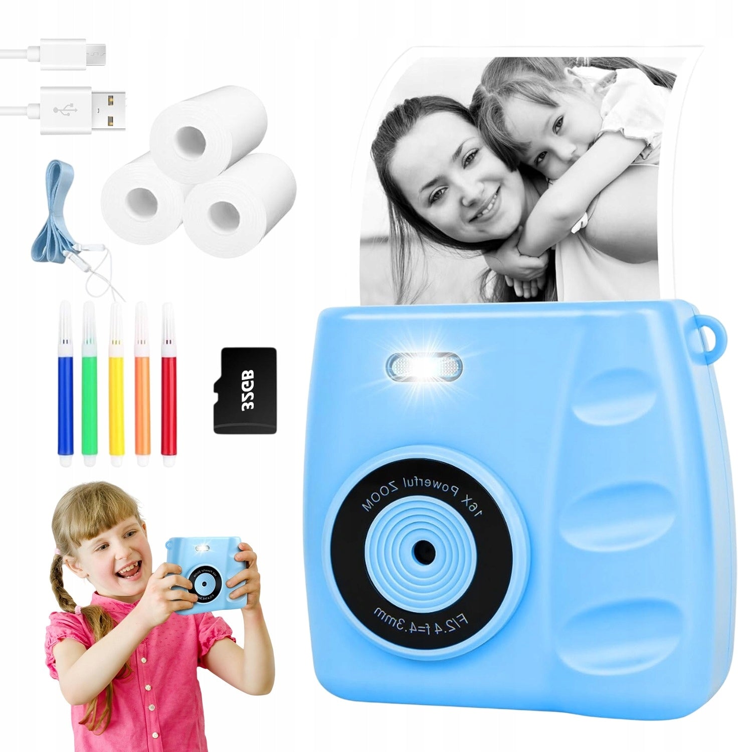 1080P Kids Camera With 32GB Card And 5 Games Blue Thermal Printer