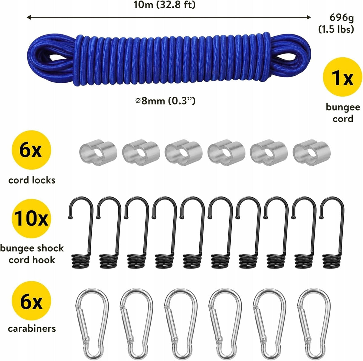 10M Elastic Bungee Rope with Accessories - Universal Rubber Rope 8mm Manufacturer code 12266071220
