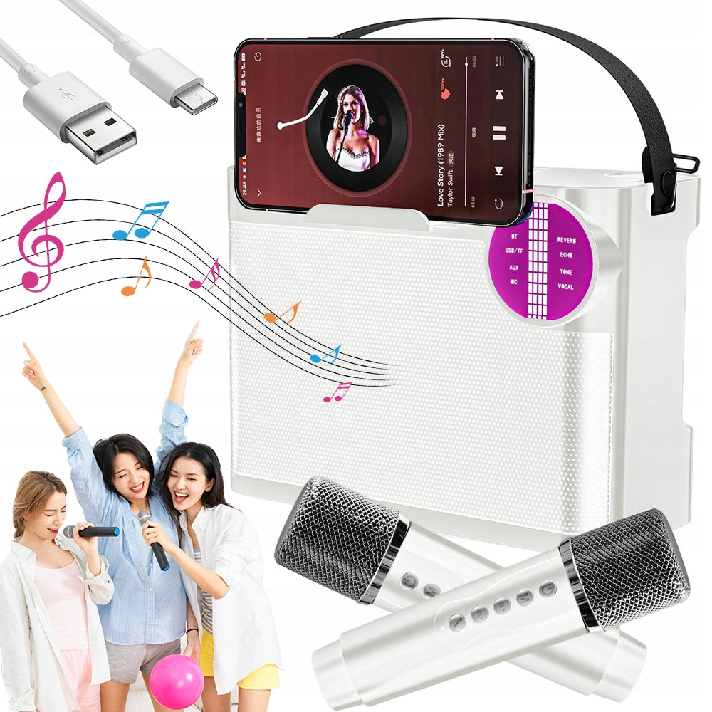 10W KARAOKE SPEAKER WITH 2 MICROPHONES, BLUETOOTH 5.3, STRAP, EFFECTS, WHITE