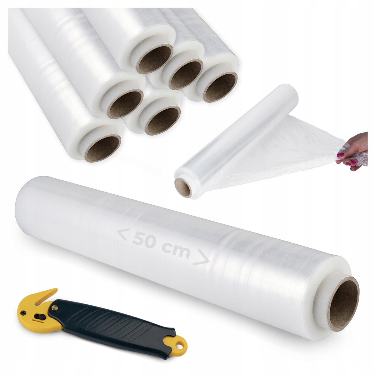 10x HAND STRETCH FILM 3.0 KG TRANSPARENT + SAFE FILM KNIFE