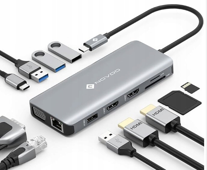 11in1 USB-C Docking Station NOVOO HDMI VGA Hub RJ45 USB SD PD 100W