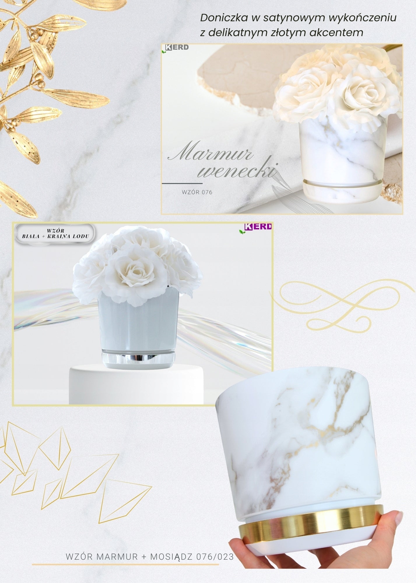 12 Flower pot DUO two-tone VENETIAN MARBLE with stand BRASS grey gold Manufacturer code DEKOR 12 DUO/076/023