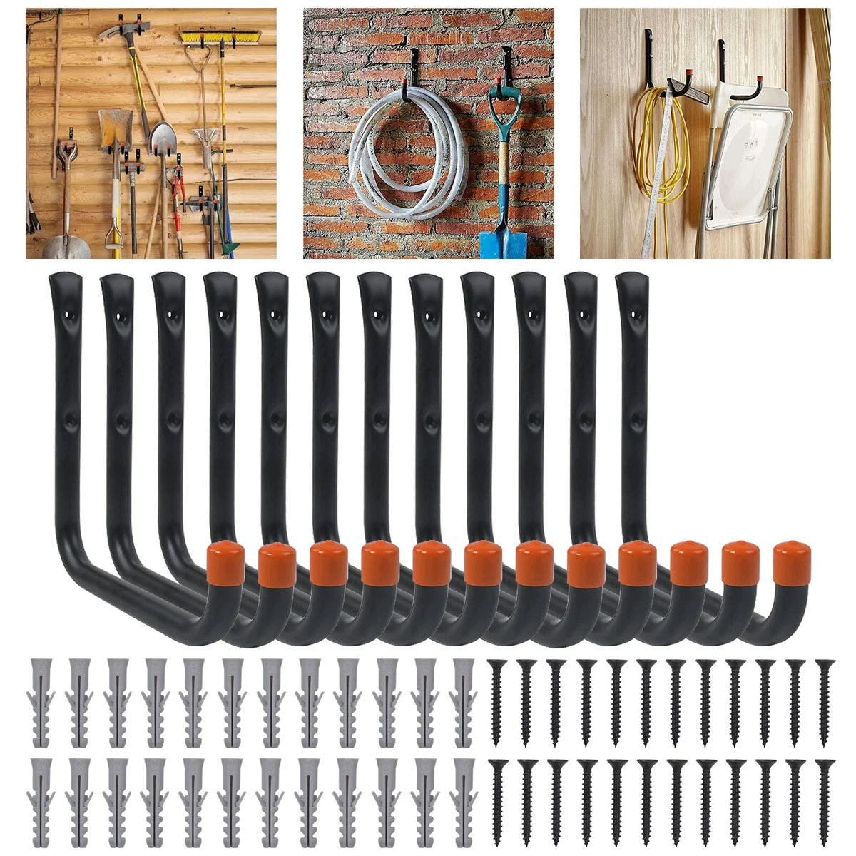12 Heavy-Duty Wall Hooks for Garage Tools - Hanger for Rakes, Shovels, Spades