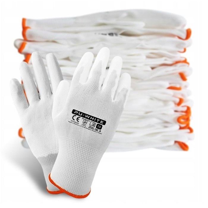 12 PAIRS Work Gloves White Polyurethane Coated Gloves r.9-L
