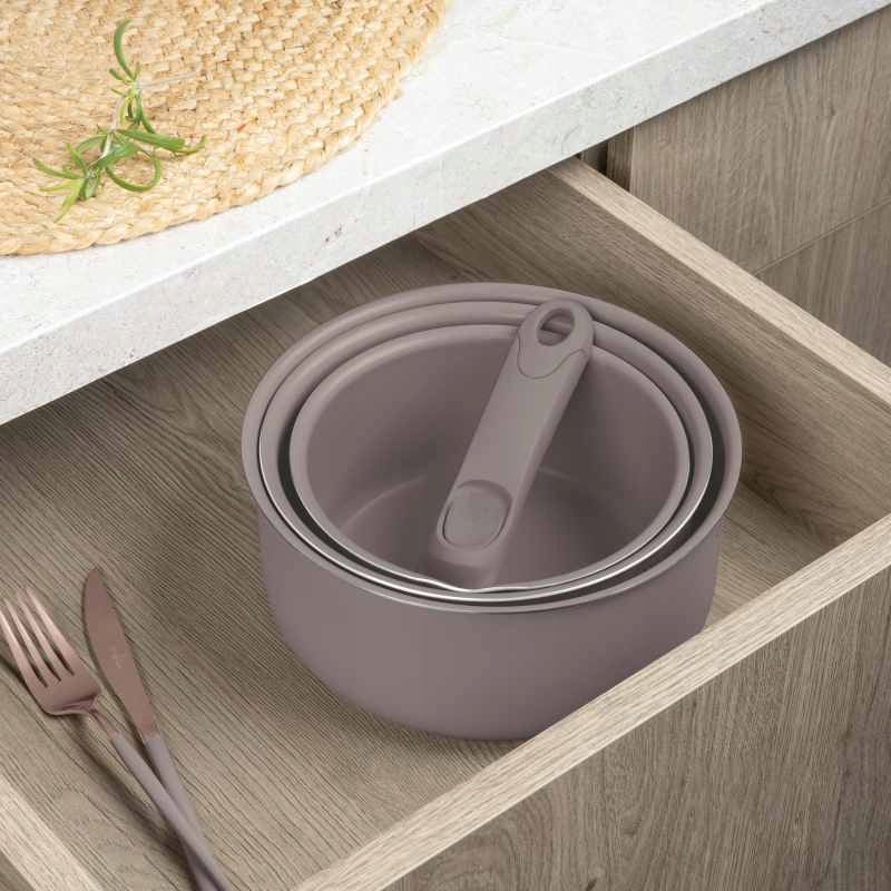 12-Piece Taupe Collection Dinnerware Set with Titanium Coating Packaging status original