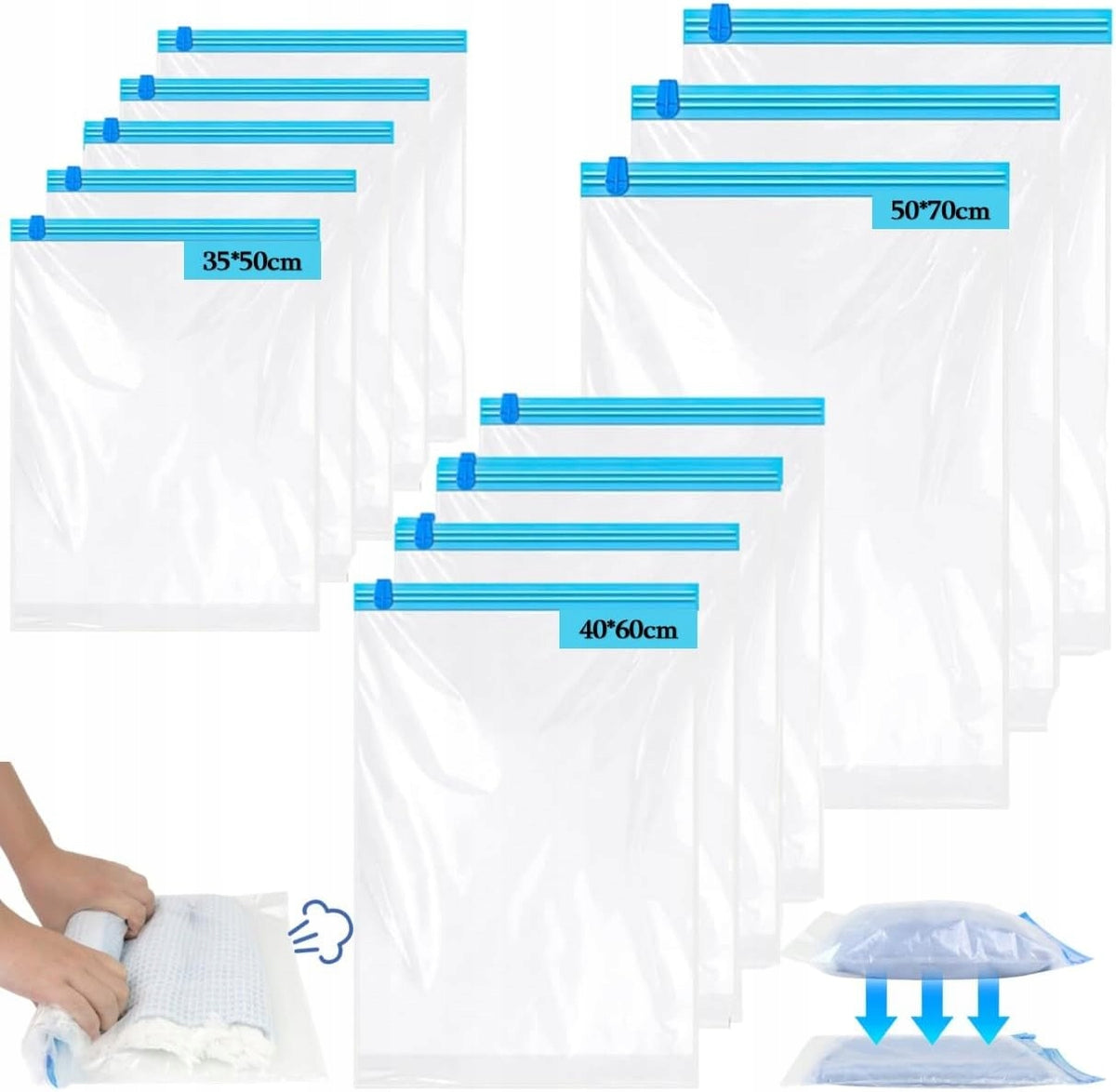 12 ROLLED VACUUM BAGS 3 SIZES TRAVEL WITHOUT PUMP