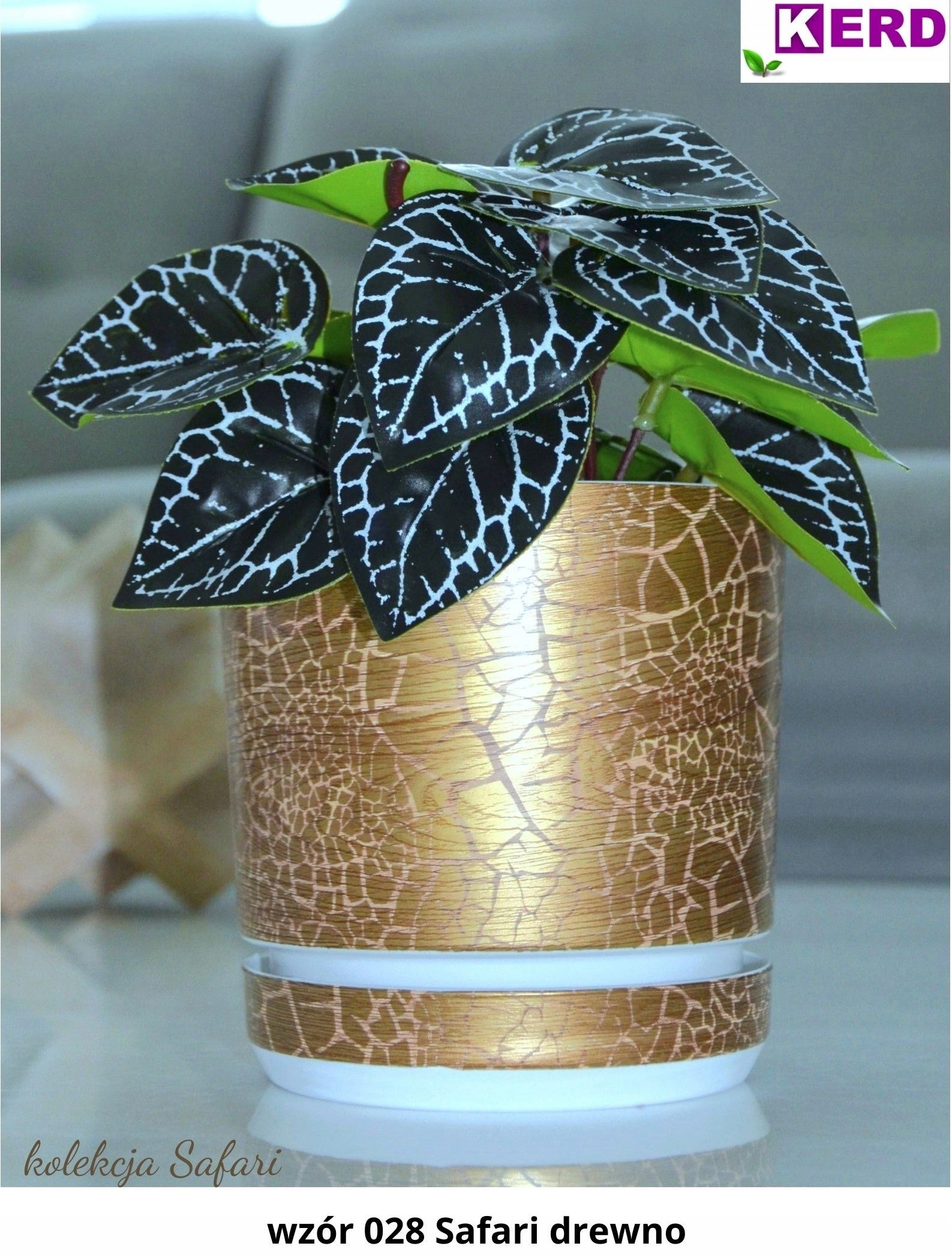 12 Ø Safari WOOD flowerpot with stand, unusual texture, gold, white board EAN (GTIN) 5906740352582