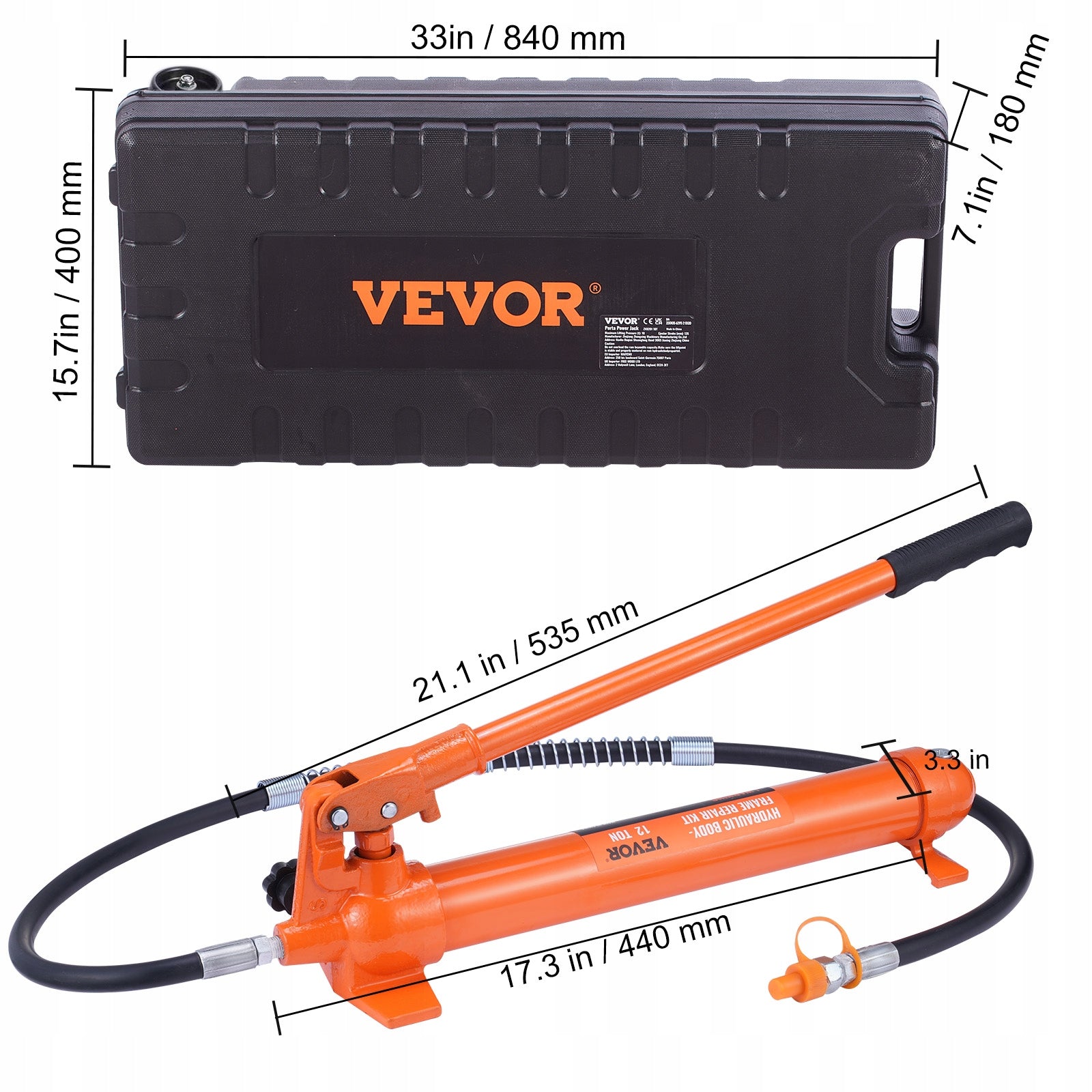 12 Ton Hydraulic Jack Air Pump Lift Ram Body Frame Porta Power Repair Kits Maximum lifting height 500 mm