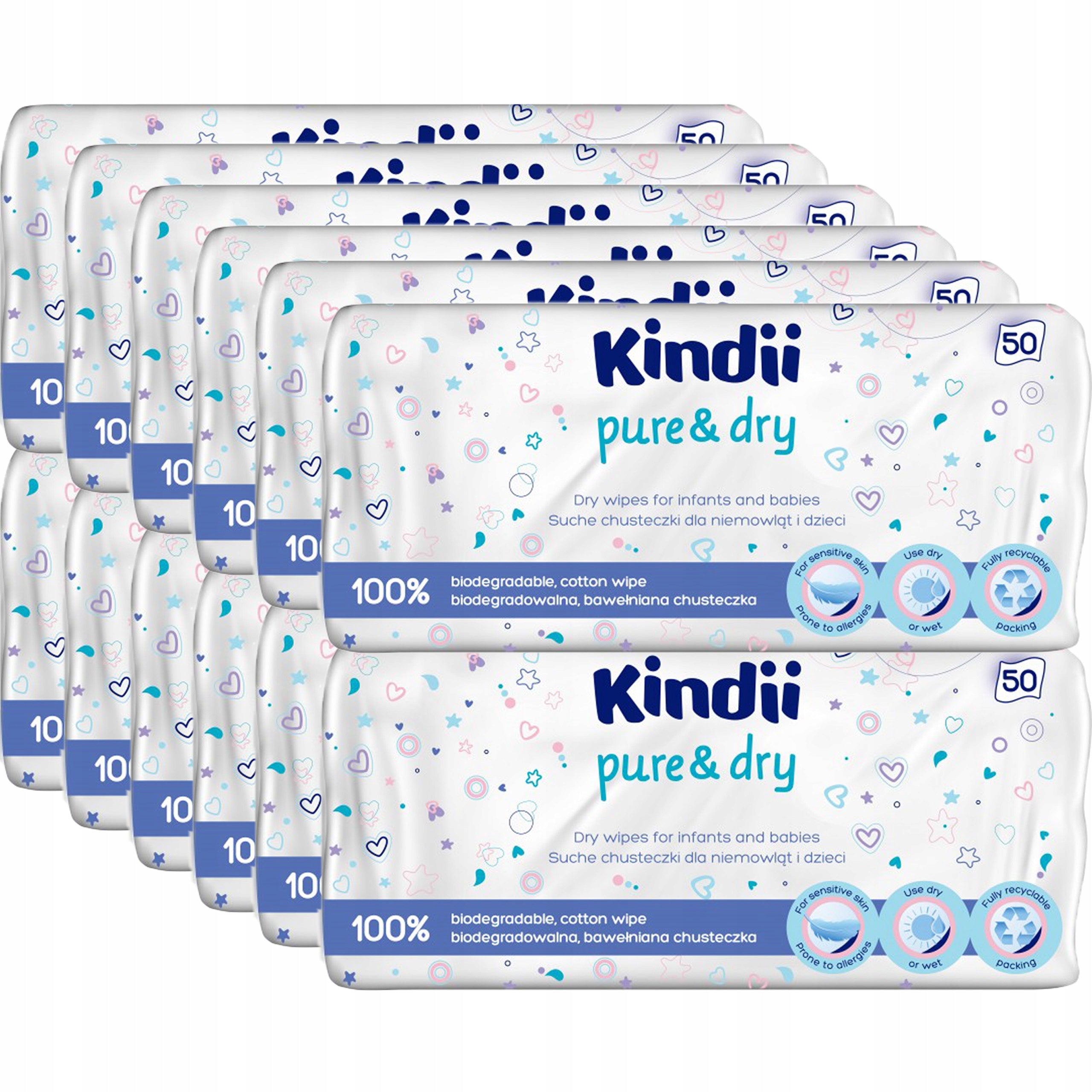 12 x KINDII DRY WIPES biodegradable in a pack of 50