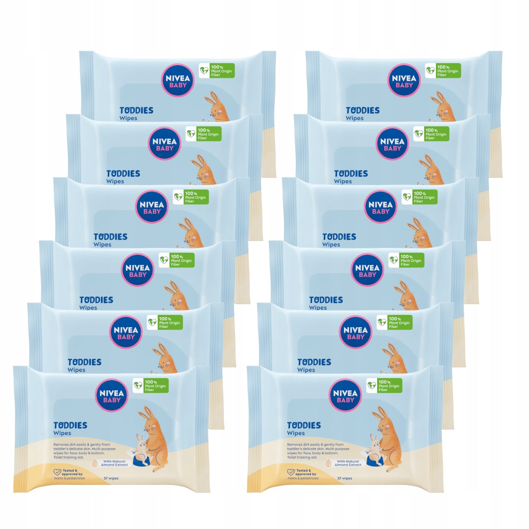 12 x NIVEA BABY Toddies Biodegradable Wipes, 57 Pack