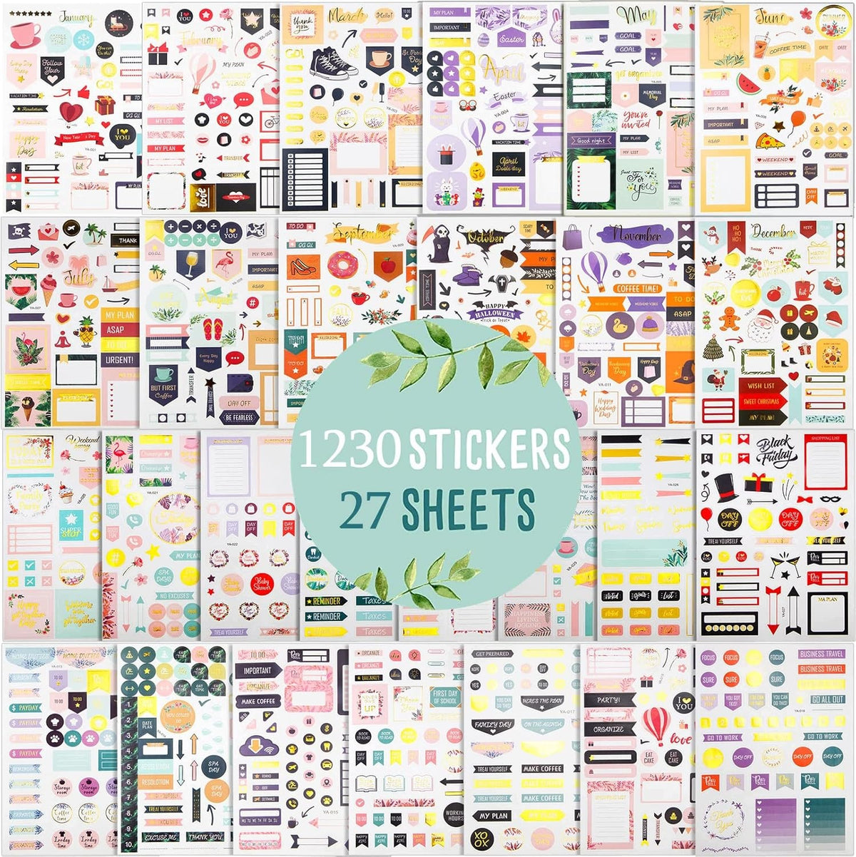 1230 Planner and Bullet Journal Stickers, 27 Sheets, Monthly | Gold