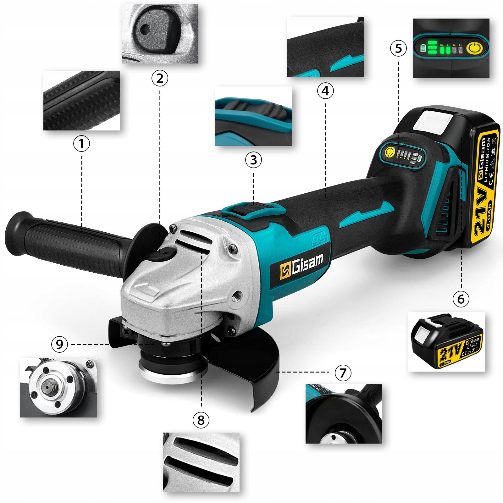 125mm Brushless Angle Grinder Polishing Cutting Machine 2x Battery 6 x Disc Manufacturer code Gisam POA3879