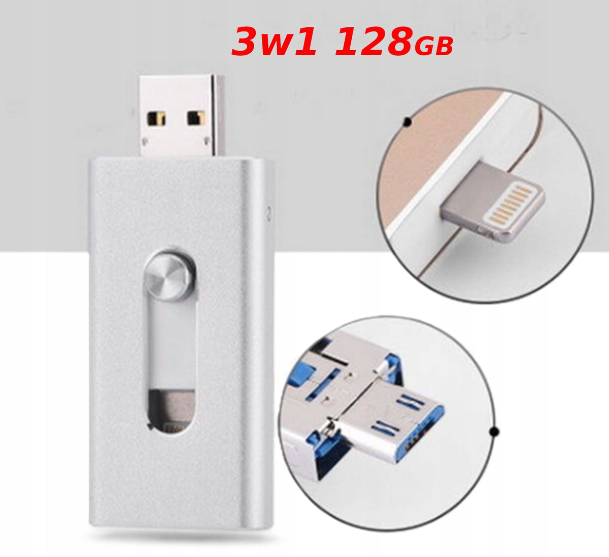 128GB 3-in-1 USB 3.0 Flash Drive for iPhone Lightning, Android Micro USB OTG - Silver Packaging status original