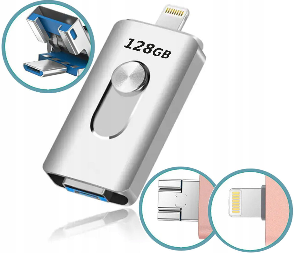 128GB 3-in-1 USB 3.0 Flash Drive for iPhone Lightning, Android Micro USB OTG - Silver
