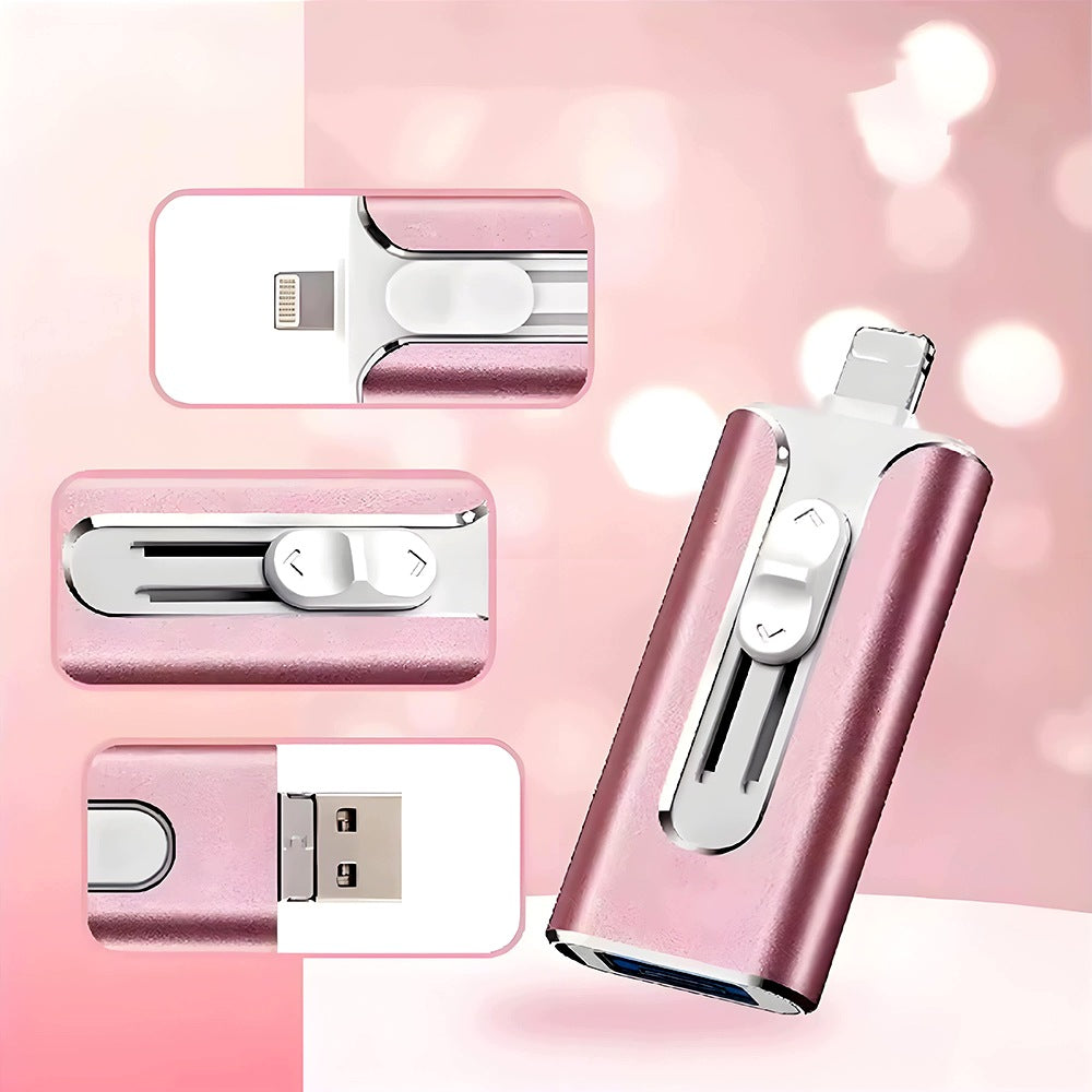 128GB USB Flash Drive 3-in-1: Lightning, Micro USB, USB 3.0 for iPhone, Android, Tablet, Laptop Color pink