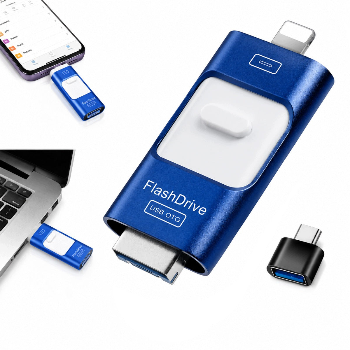 128GB USB Flash Drive 4-in-1: USB-C, Lightning, Micro-USB, USB-A for Phone & PC