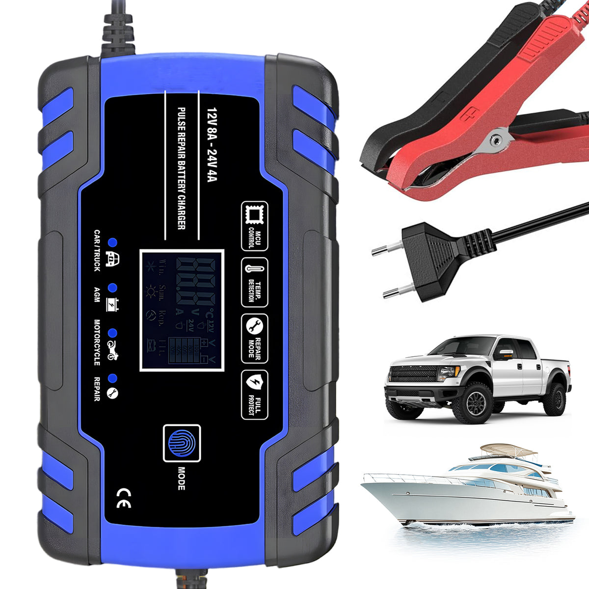 12V 24V AUTOMATIC BATTERY CHARGER WITH 8A LCD DISPLAY
