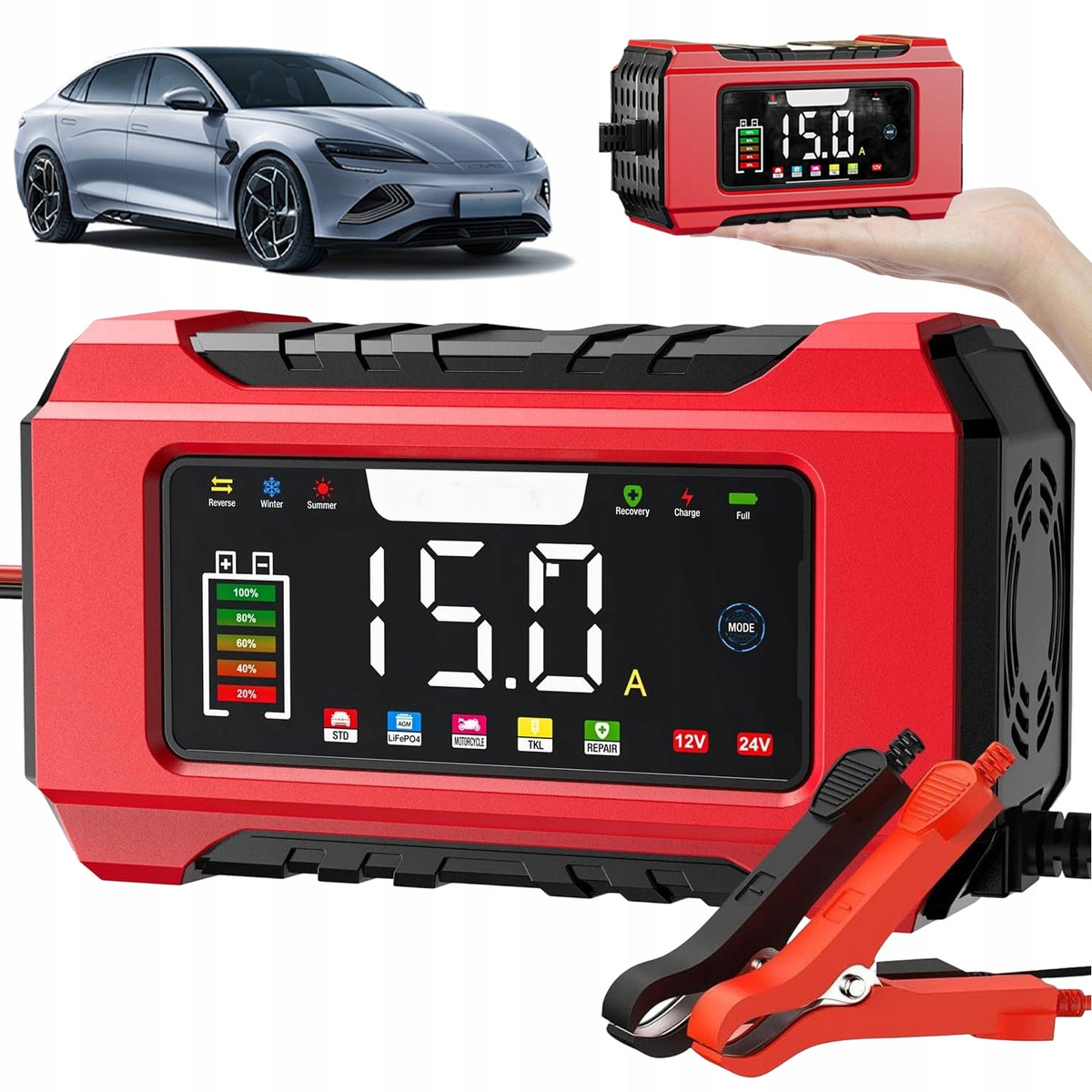 12V 24V SMART BATTERY CHARGER WITH 9 DEGREE LCD