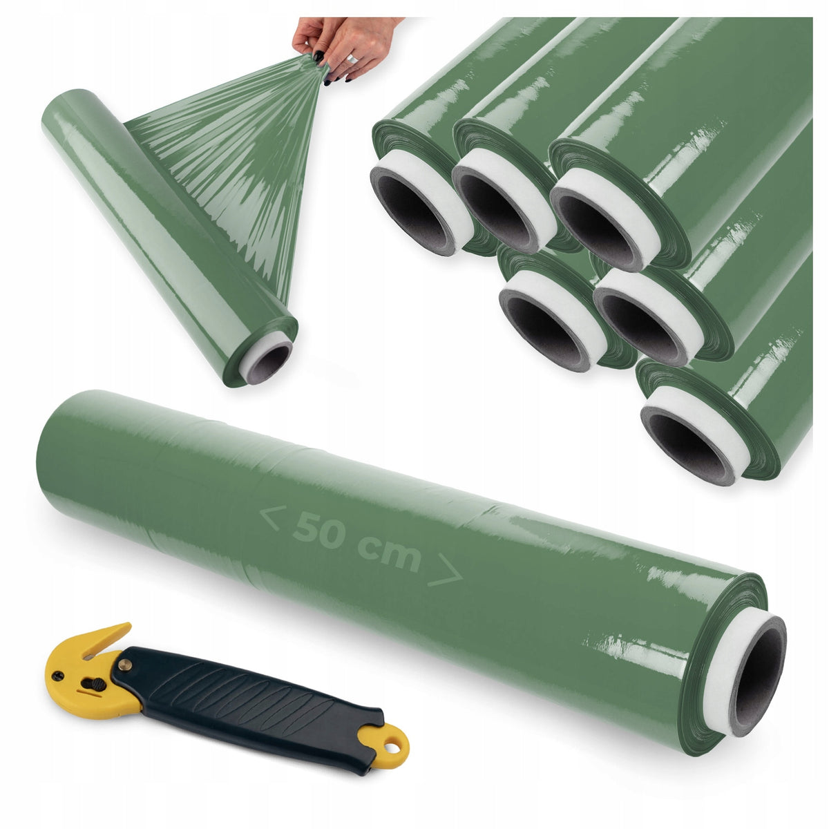 12x HAND STRETCH FILM 2.5 KG GREEN + SAFE FILM KNIFE