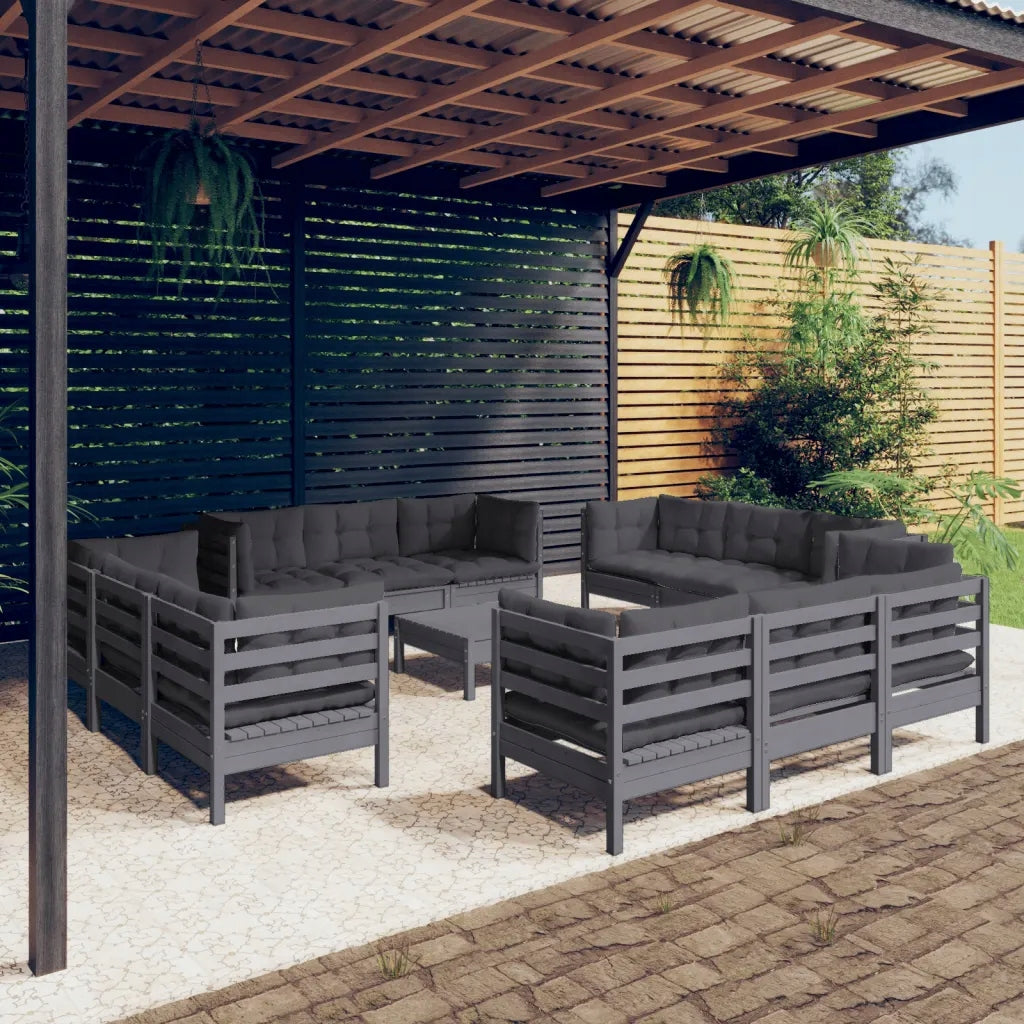 Gartenset mit anthrazitfarbenen Kissen, 13-teilig, Kiefer 