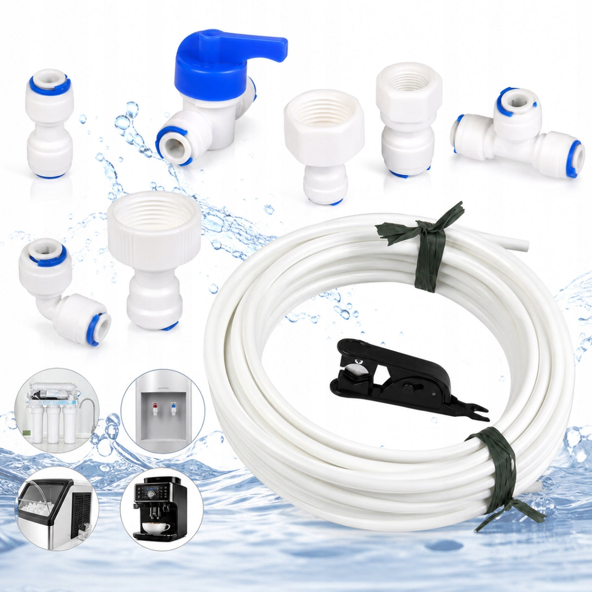 15M WATER HOSE+FULL SET:Ball valve, quick couplers, taps. For RO