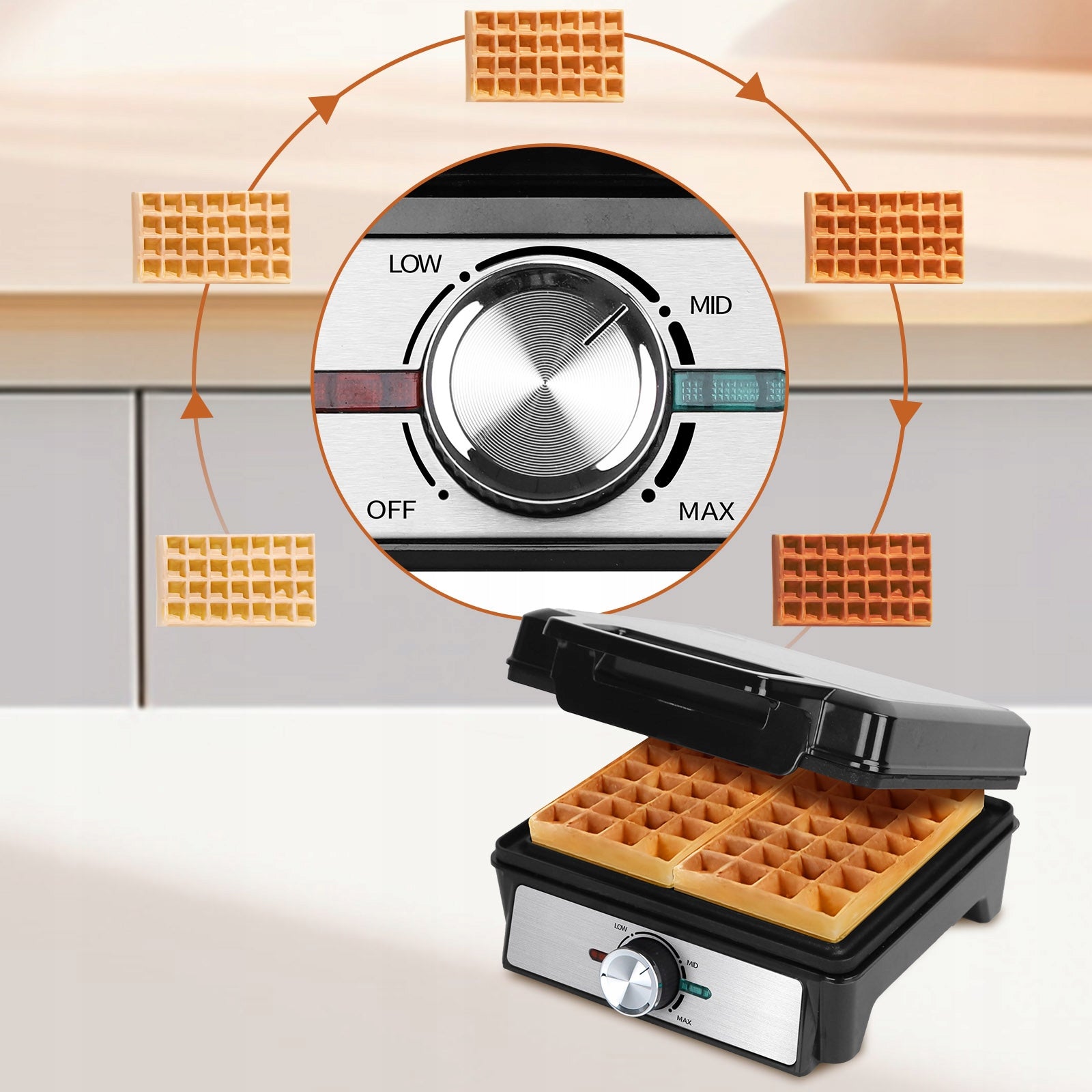 1600W WAFFLE MAKER WITH TEMPERATURE CONTROL 2 LARGE CRISPY WAFFLES XXL Packaging status original
