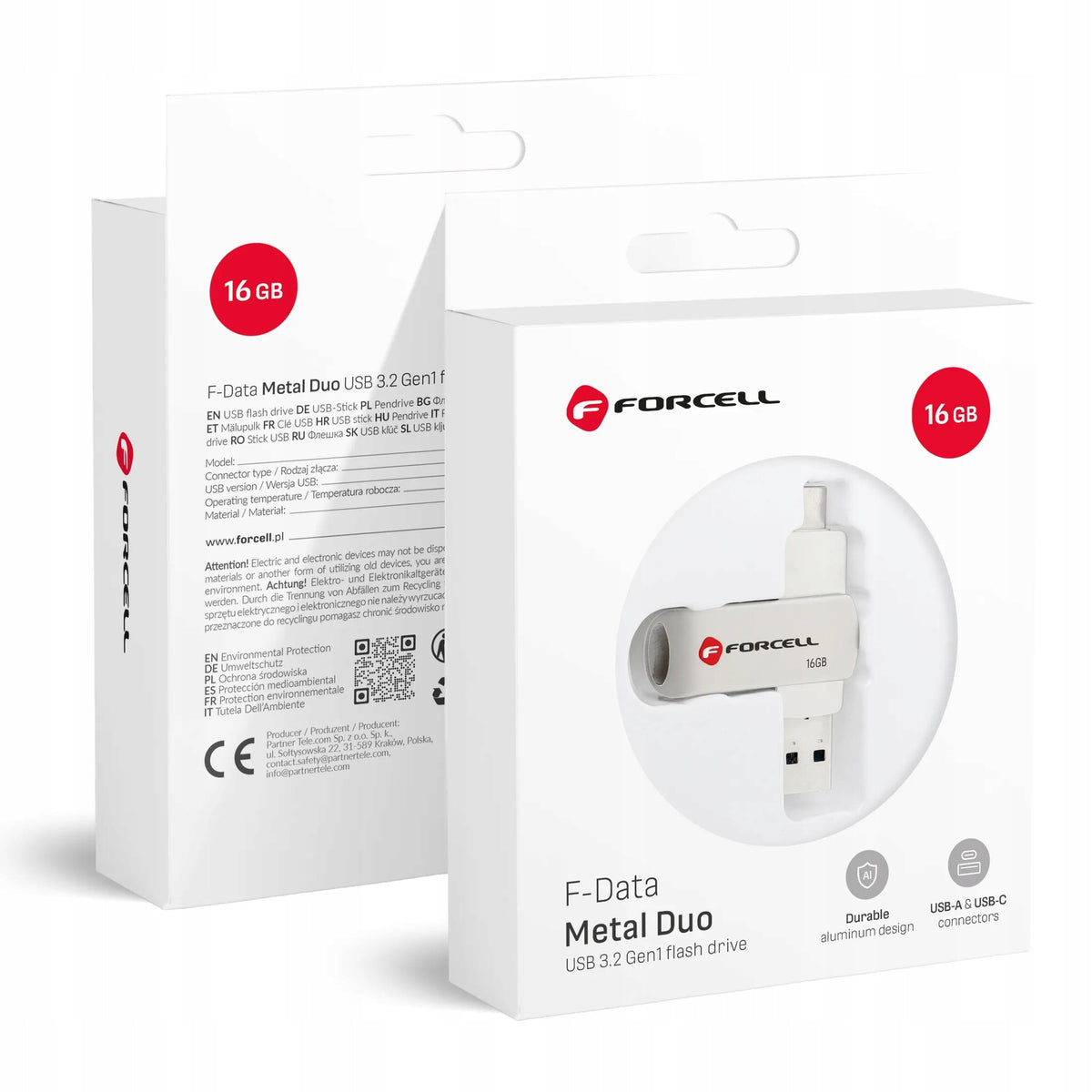16GB USB 3.2 Gen 1 (USB A / USB C) Forcell F-Data Metal Duo silver