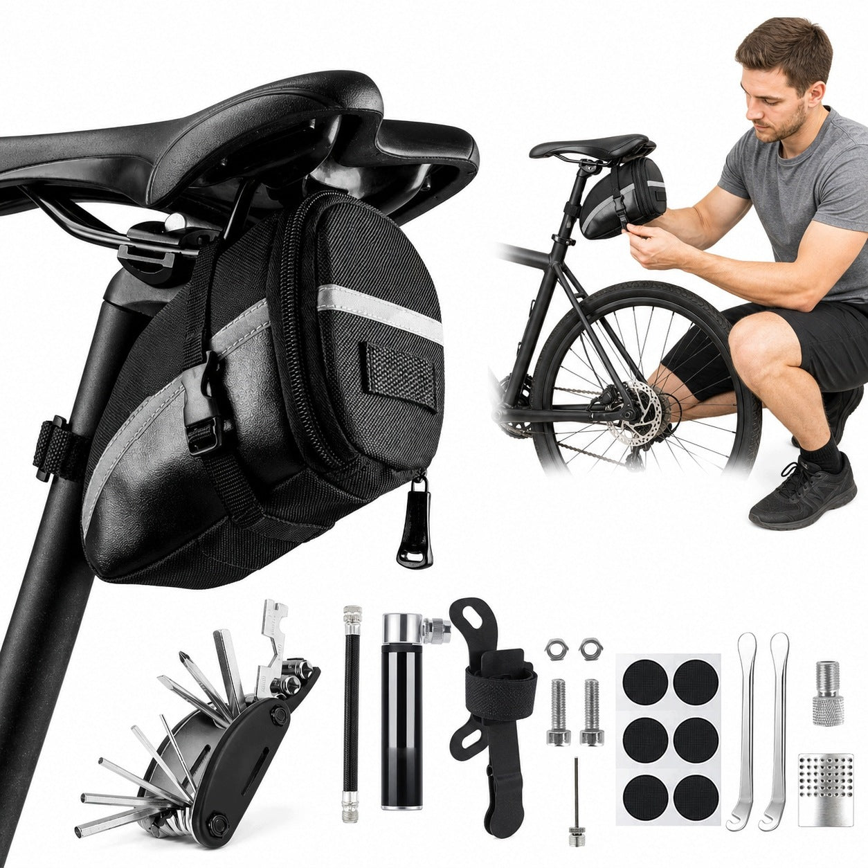 16in1 MTB MULTITOOL BICYCLE REPAIR KIT PUMP PATCH SERVICE BAG