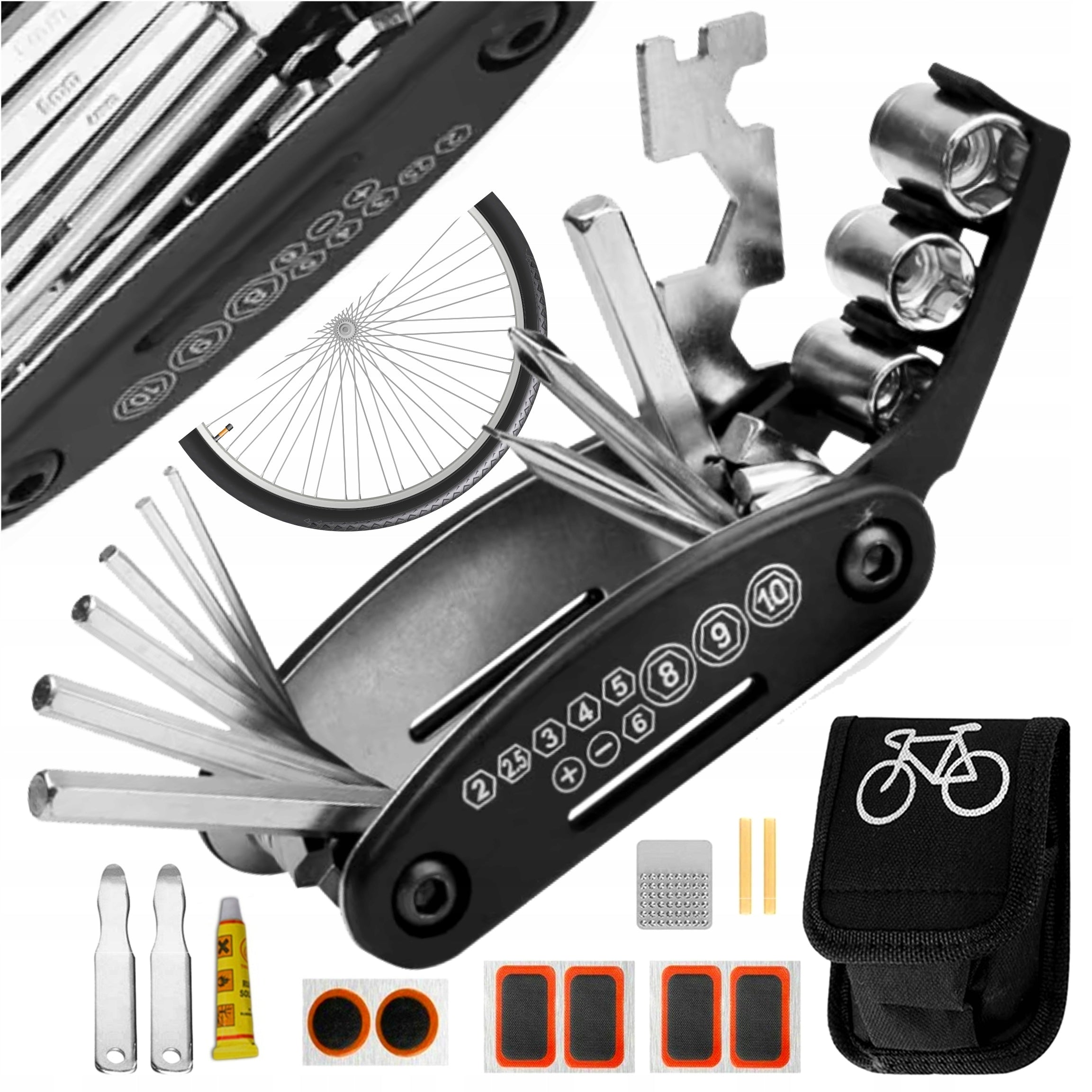 16in1 MULTITOOL BICYCLE WRENCHES TOOL REPAIR KIT + PATCHES, GLUE