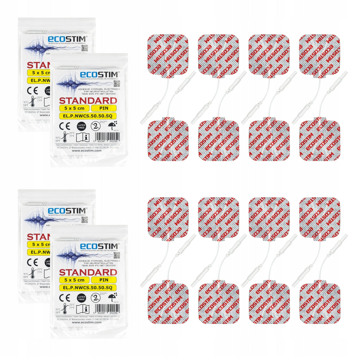 16x Medical Gel Electrodes Self-Adhesive TENS 5x5cm PIN ECOSTIM MULTIPACK