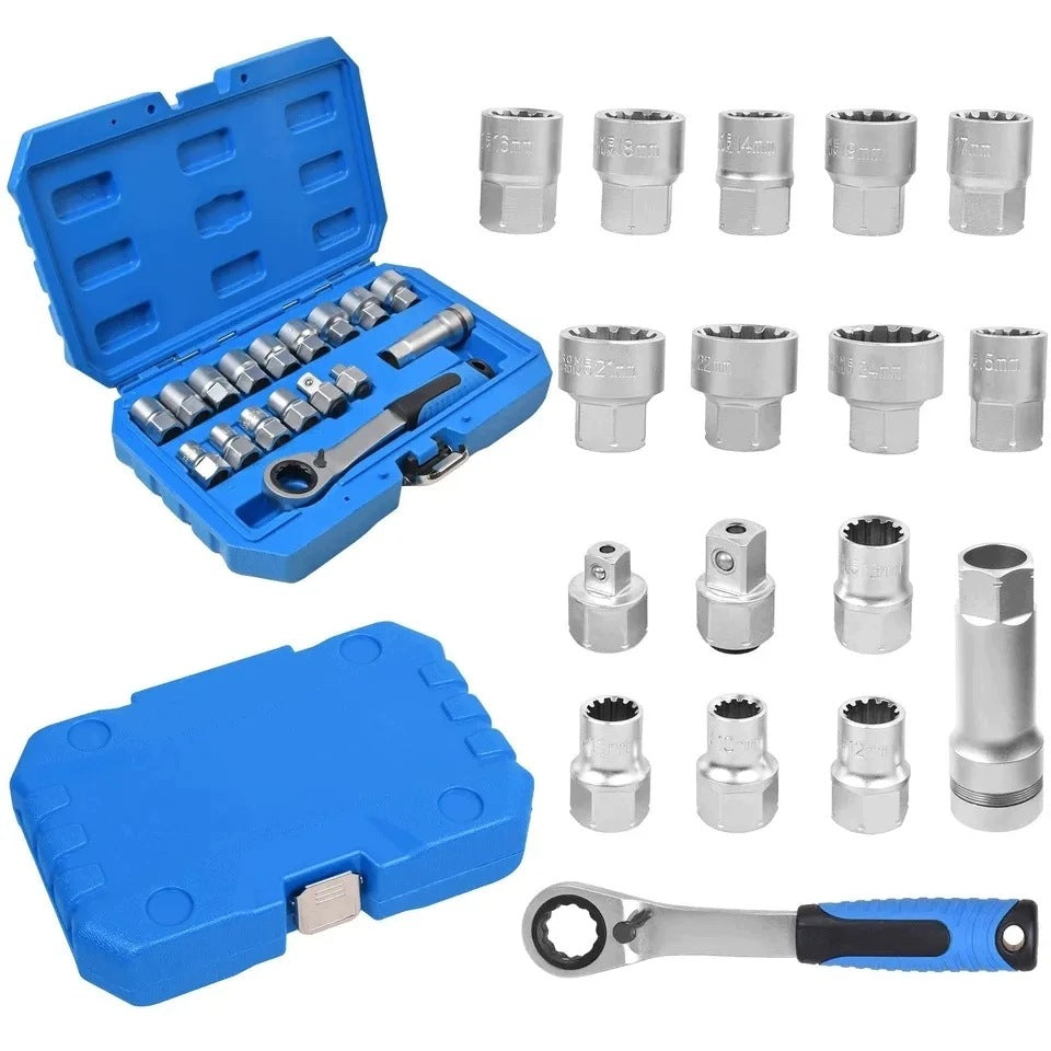 17Pcs Pass Through Socket Set – CRV Steel 10-24mm with 3 Adapters