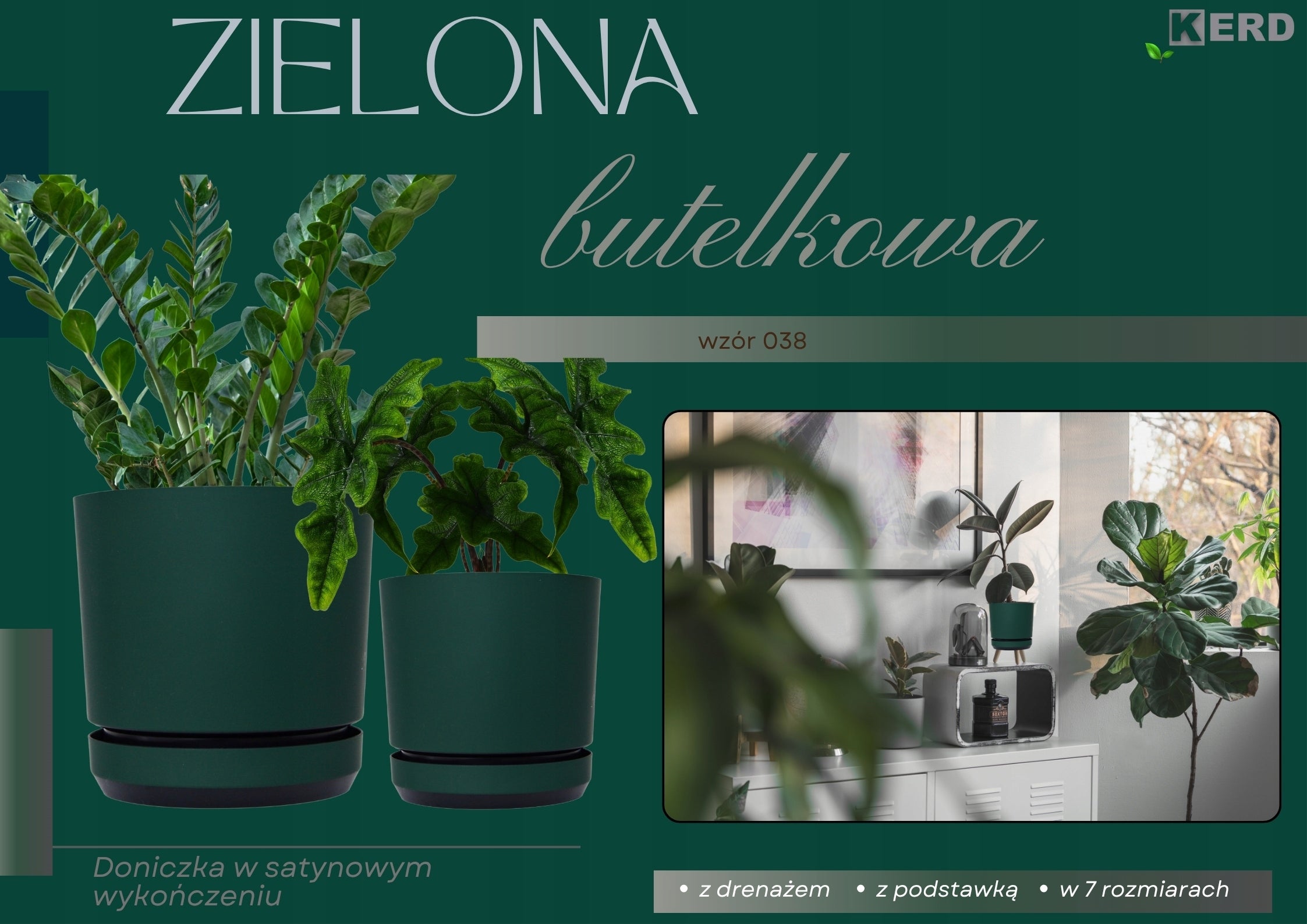 18 Flower pot with stand dark GREEN BOTTLE round matte satin Manufacturer code DEKOR 18/038
