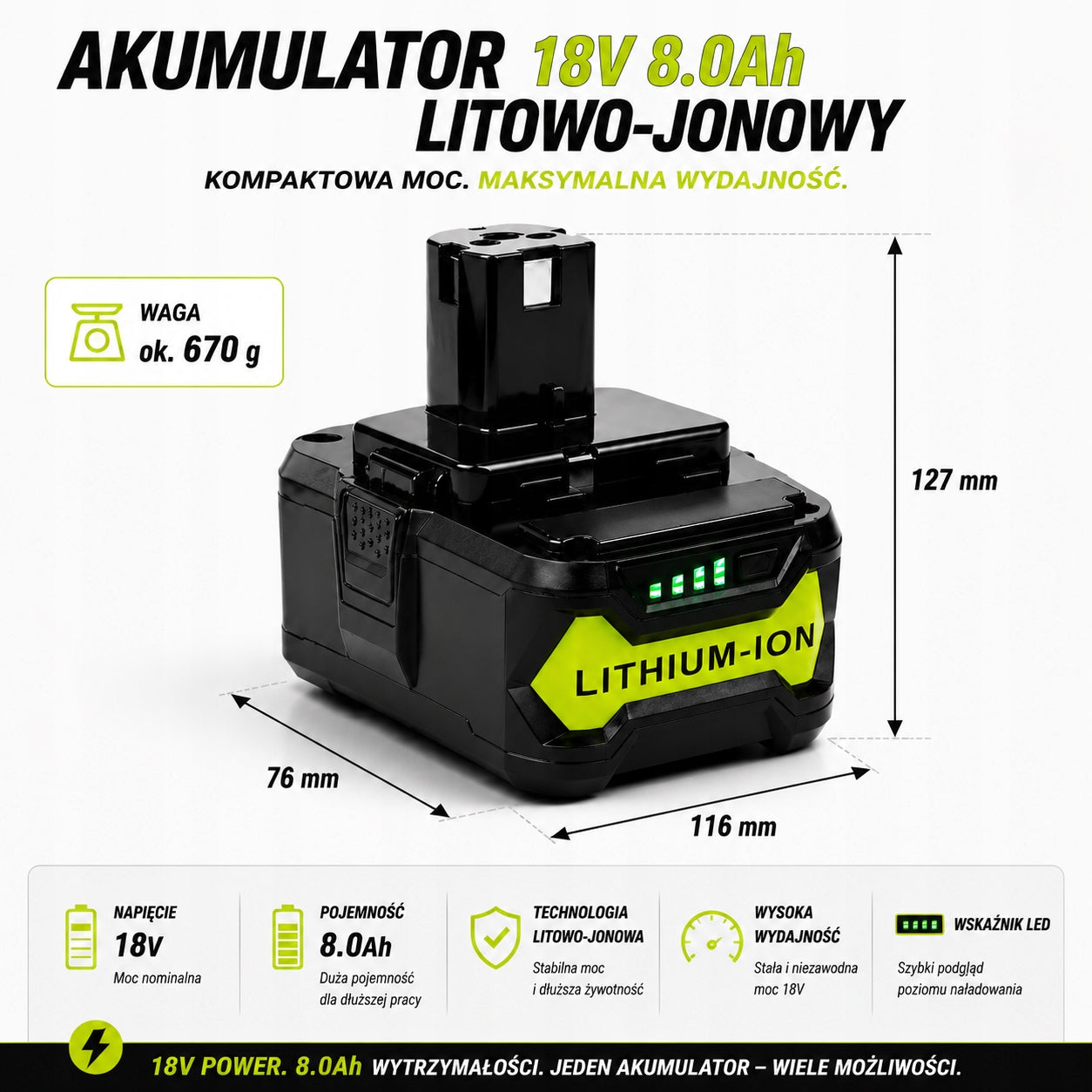 18V 8.0Ah Lithium-Ion Battery Replacement for Ryobi P102 P107 P108 Battery Battery type Li-Ion