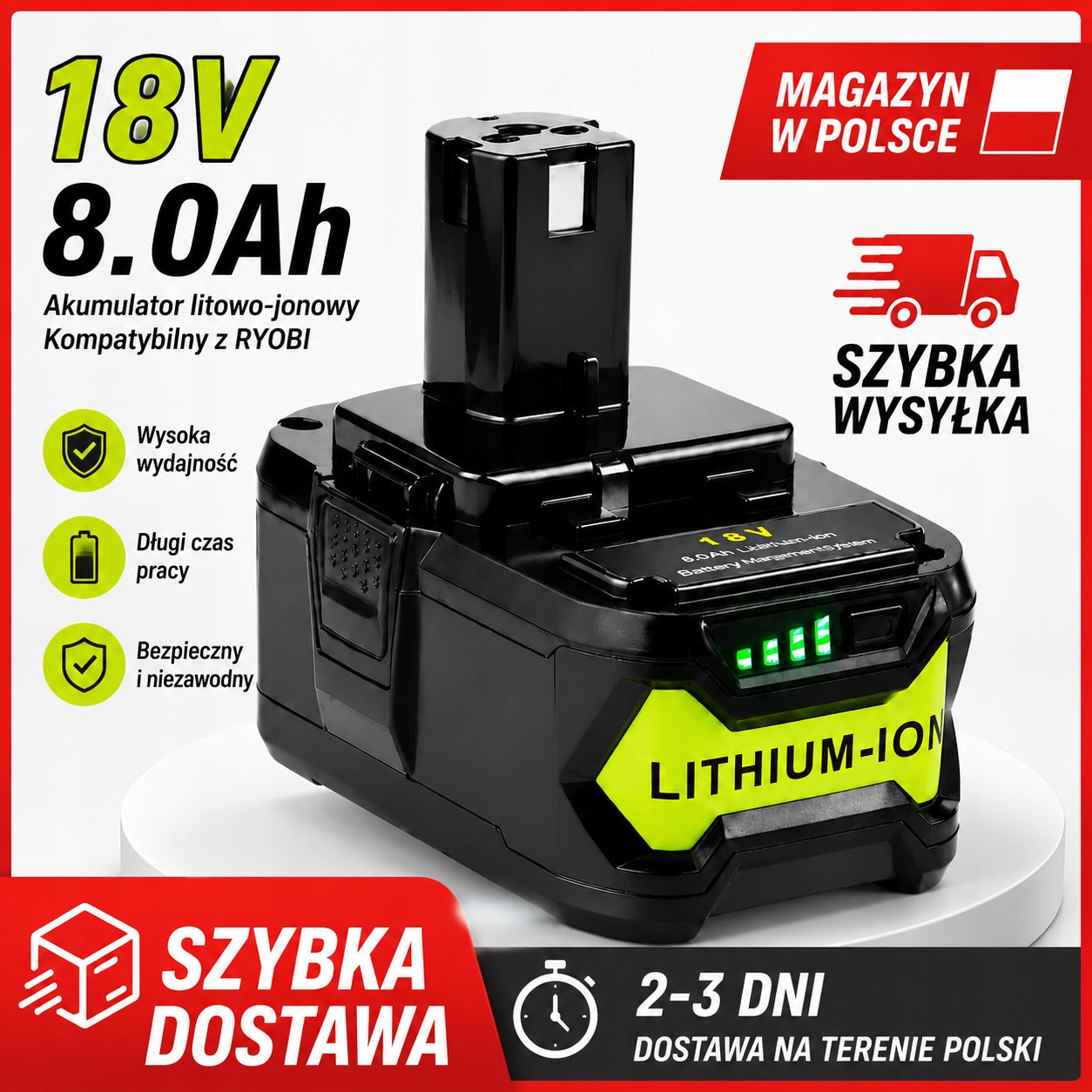 18V 8.0Ah Lithium-Ion Battery Replacement for Ryobi P102 P107 P108 Battery