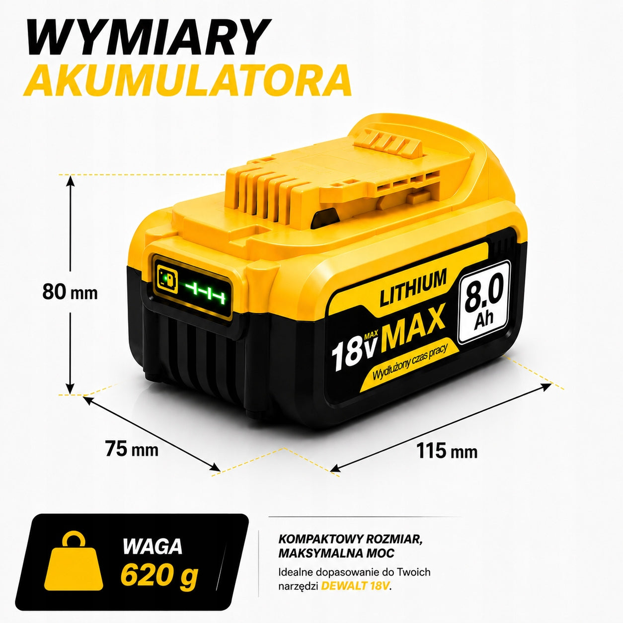 18V 8Ah XR Battery Replacement DCB182 DCB206 Dewalt High Capacity LED Battery type Li-Ion